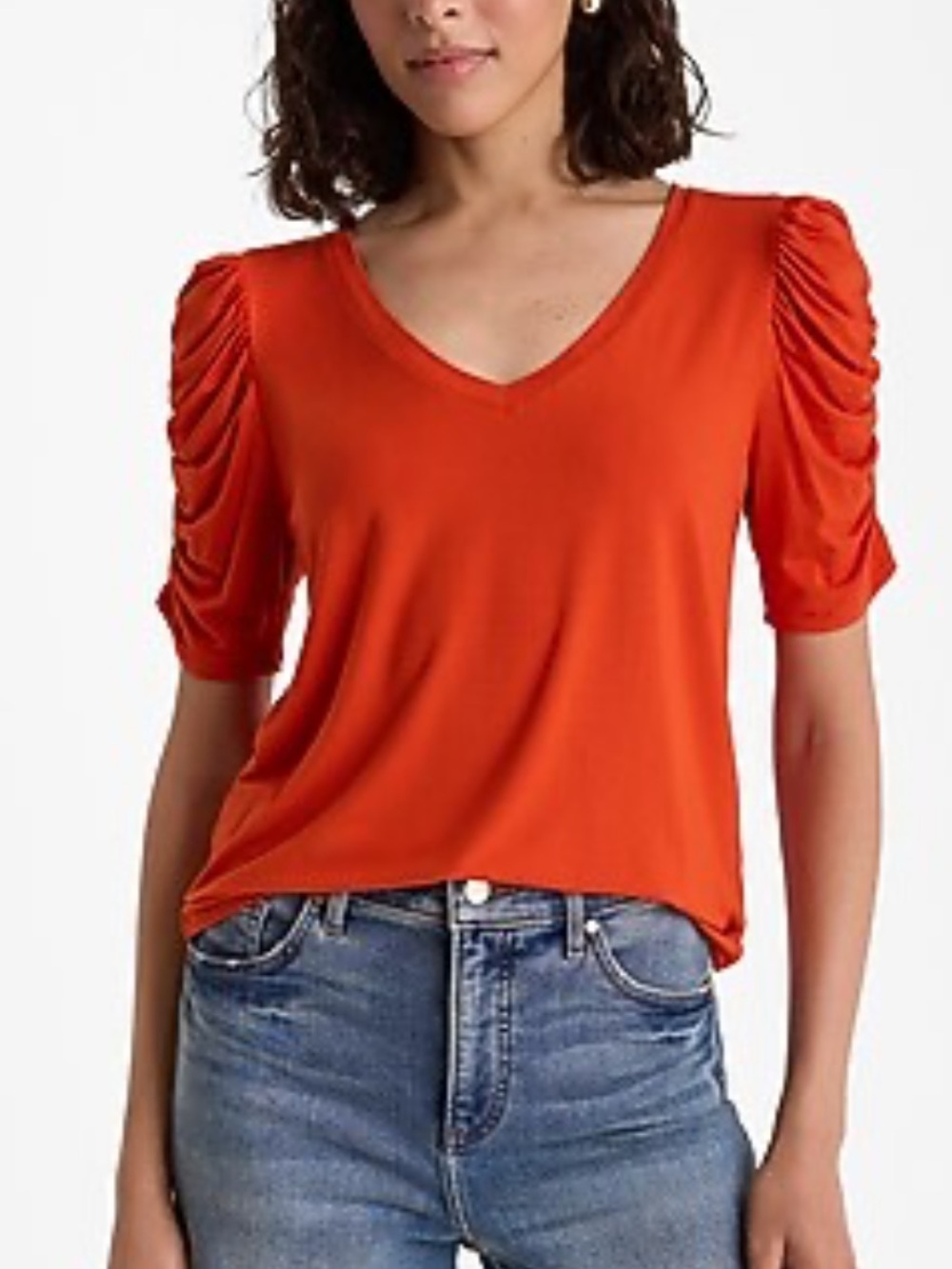 Express Orange Supersoft Skimming V-Neck Puff Sleeve Tee Size M